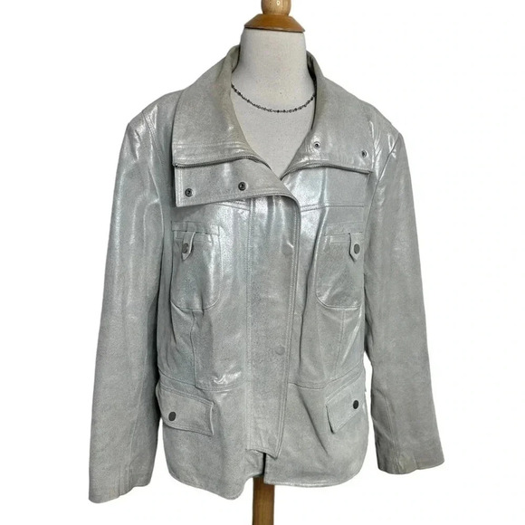 Bradley Bayou Metallic Silver leather moto biker with 4 front pockets size 2X - Picture 2 of 7